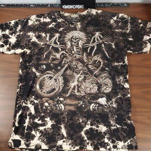 SURVIVORS Skeleton w Headdress on Motorcycle Studded Tie Dye Graphic Tee T-Shirt